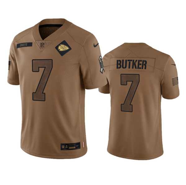 Men's Kansas City Chiefs #7 Harrison Butker 2023 Brown Salute To Service Limited Football Stitched Jersey Dyin